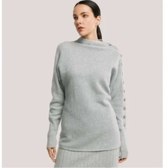 GENTLE HERD Slouchy Knitted Cashmere Tunic Mock Sweater Button Sleeve - Picture 2 of 10